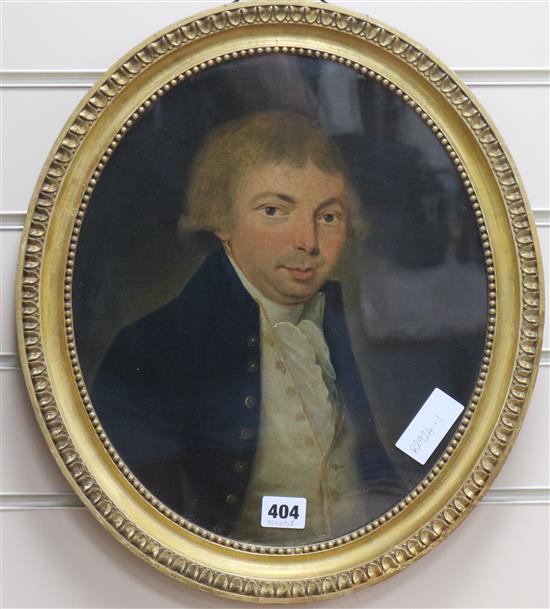 Early 18th century English School portrait of a gentleman in a blue coat, 35 x 29.5cm